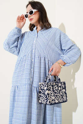 Çizgi Desenli Katlı Elbise Mavi - Tesettür Elbise