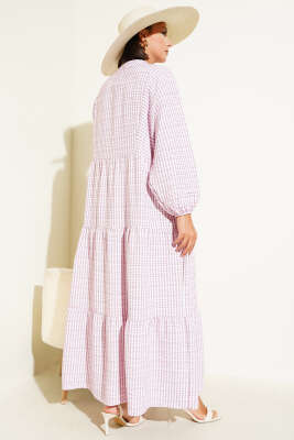 Çizgi Desenli Katlı Elbise Pembe - Tesettür Elbise