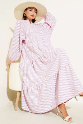 Çizgi Desenli Katlı Elbise Pembe 