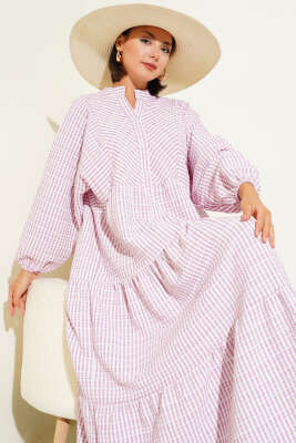 Çizgi Desenli Katlı Elbise Pembe - Tesettür Elbise