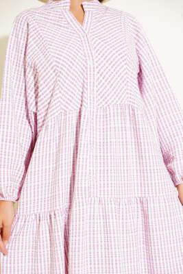 Çizgi Desenli Katlı Elbise Pembe - Tesettür Elbise