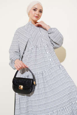 Çizgi Desenli Katlı Elbise Siyah - Tesettür Elbise