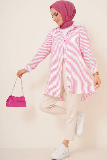 Çizgi Desenli Keten Gömlek Fusya - Gömlek