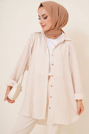 Çizgi Desenli Keten Gömlek Latte - Gömlek