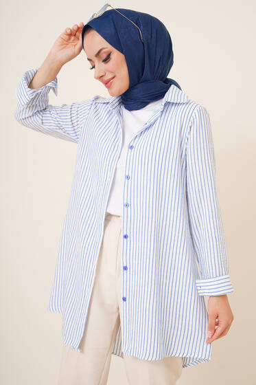 Çizgi Desenli Keten Gömlek Mavi - Gömlek