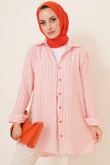 Çizgi Desenli Keten Gömlek Oranj - Gömlek