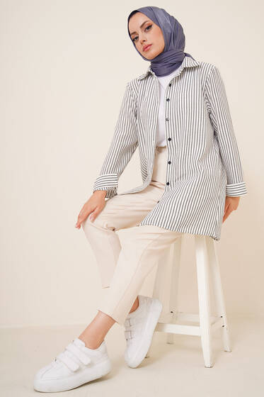 Çizgi Desenli Keten Gömlek Siyah - Gömlek