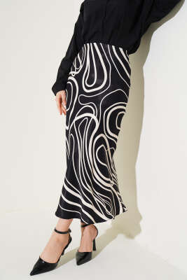 Çizgi Desenli Saten Etek Siyah - Uzun Etek