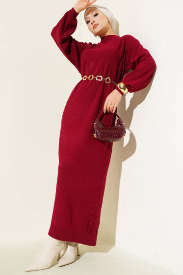 Çizgi Detaylı Balon Kol Triko Elbise Bordo - Elbise