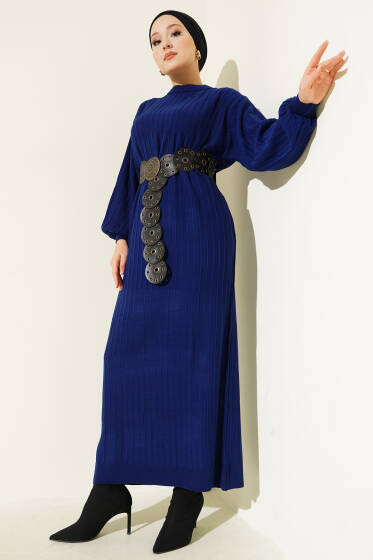 Çizgi Detaylı Balon Kol Triko Elbise Lacivert - Elbise