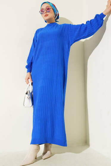 Çizgi Detaylı Balon Kol Triko Elbise Saks - Elbise