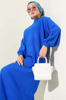 Çizgi Detaylı Balon Kol Triko Elbise Saks - Elbise