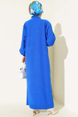 Çizgi Detaylı Balon Kol Triko Elbise Saks - Elbise