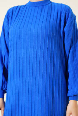 Çizgi Detaylı Balon Kol Triko Elbise Saks - Elbise