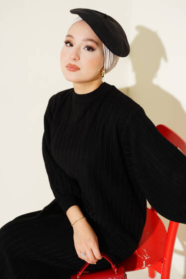 Çizgi Detaylı Balon Kol Triko Elbise Siyah - Elbise