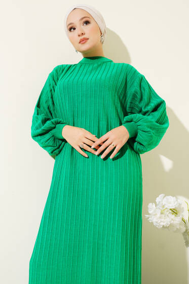 Çizgi Detaylı Balon Kol Triko Elbise Yeşil - Elbise