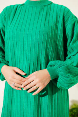 Çizgi Detaylı Balon Kol Triko Elbise Yeşil - Elbise