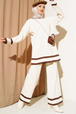 Çizgi Detaylı Basic Triko İkili Takım Bej 