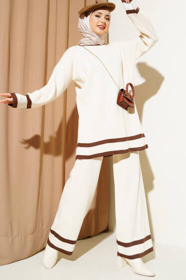 Çizgi Detaylı Basic Triko İkili Takım Bej - İkili Takım