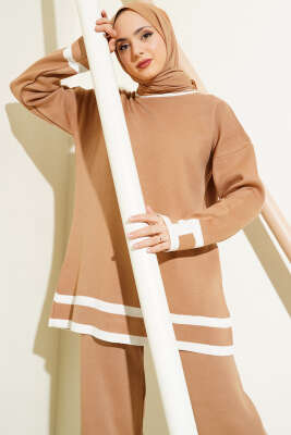 Çizgi Detaylı Basic Triko İkili Takım Büsküvi - Triko İkili Takım