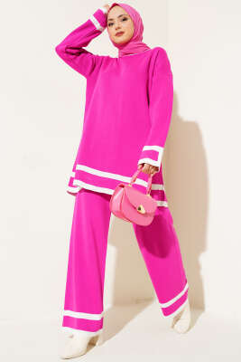 Çizgi Detaylı Basic Triko İkili Takım Fuşya