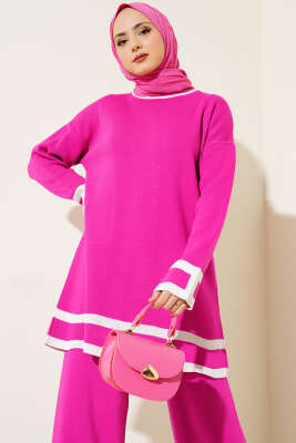 Çizgi Detaylı Basic Triko İkili Takım Fuşya - Triko İkili Takım