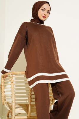 Çizgi Detaylı Basic Triko İkili Takım Kahve - İkili Takım