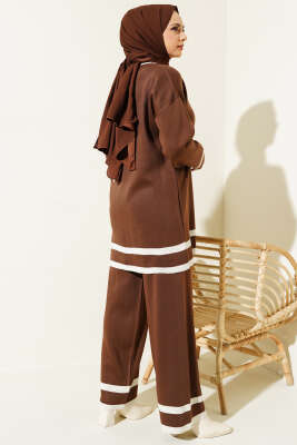 Çizgi Detaylı Basic Triko İkili Takım Kahve - İkili Takım