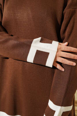 Çizgi Detaylı Basic Triko İkili Takım Kahve - Triko İkili Takım