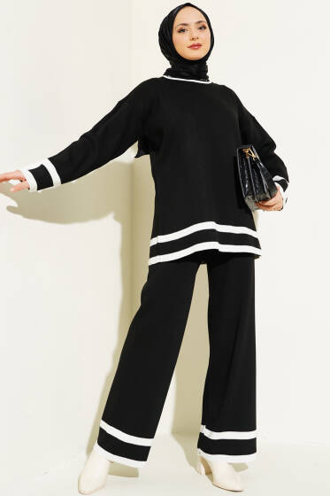 Çizgi Detaylı Basic Triko İkili Takım Siyah - İkili Takım