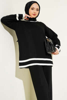 Çizgi Detaylı Basic Triko İkili Takım Siyah - Triko İkili Takım