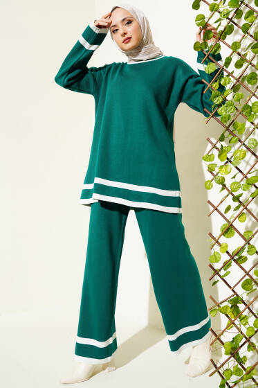 Çizgi Detaylı Basic Triko İkili Takım Zümrüt - İkili Takım