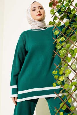 Çizgi Detaylı Basic Triko İkili Takım Zümrüt - İkili Takım