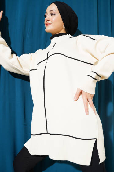 Çizgi Detaylı Basic Triko Tunik Bej Siyah - Tunik