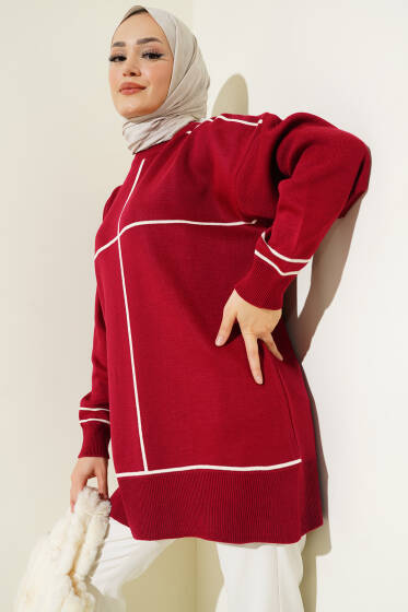 Çizgi Detaylı Basic Triko Tunik Bordo - Tunik