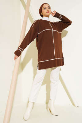 Çizgi Detaylı Basic Triko Tunik Kahve - Triko Tunik