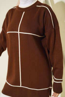 Çizgi Detaylı Basic Triko Tunik Kahve - Triko Tunik