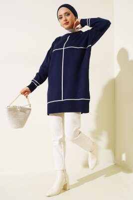 Çizgi Detaylı Basic Triko Tunik Lacivert - Triko Tunik