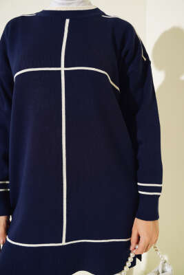 Çizgi Detaylı Basic Triko Tunik Lacivert - Triko Tunik