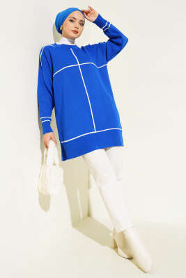 Çizgi Detaylı Basic Triko Tunik Saks - Triko Tunik