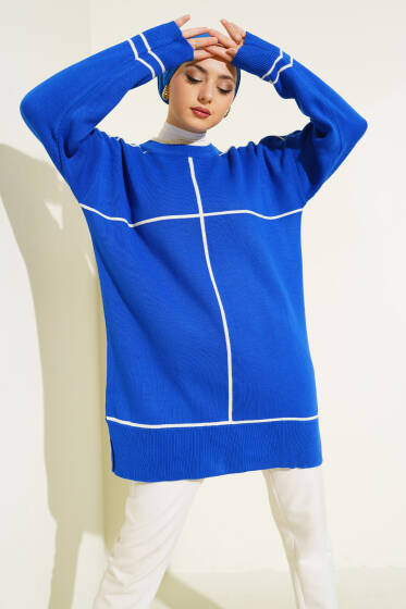 Çizgi Detaylı Basic Triko Tunik Saks - Triko Tunik