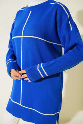 Çizgi Detaylı Basic Triko Tunik Saks - Triko Tunik