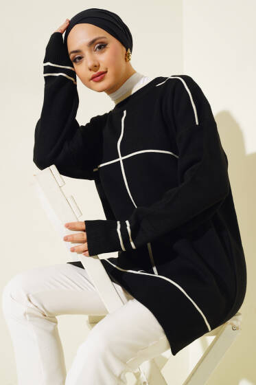 Çizgi Detaylı Basic Triko Tunik Siyah - Triko Tunik