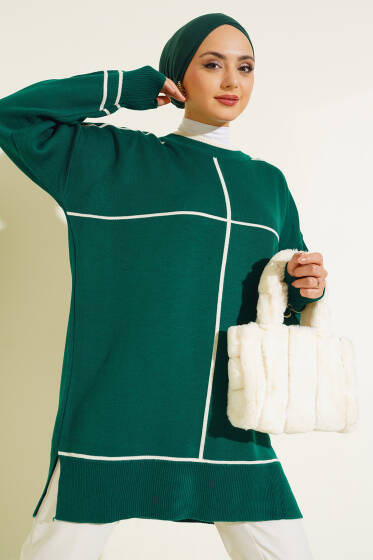 Çizgi Detaylı Basic Triko Tunik Zümrüt - Triko Tunik