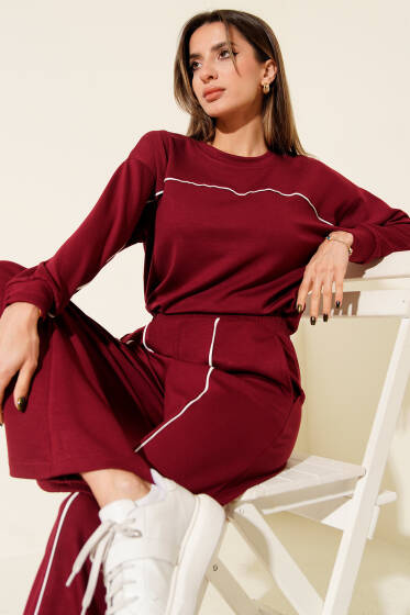 Çizgi Detaylı Bisiklet Yaka İkili Takım Bordo - Kadın Giyim Modelleri