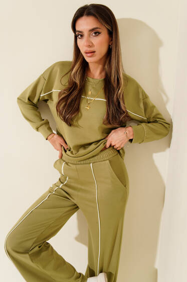 Çizgi Detaylı Bisiklet Yaka İkili Takım Çağla Yeşili - Kadın Giyim Modelleri