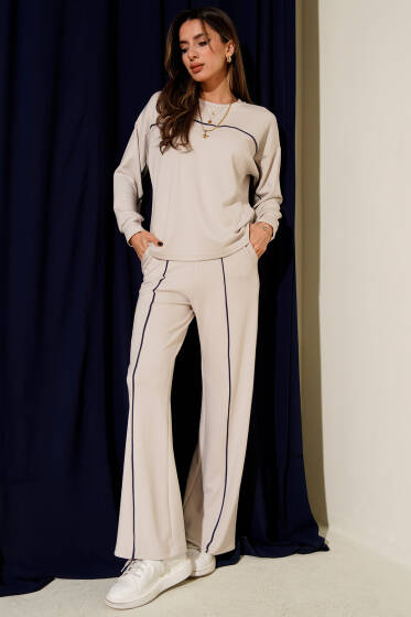 Çizgi Detaylı Bisiklet Yaka İkili Takım Taş - Kadın Giyim Modelleri