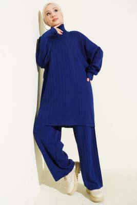 Çizgi Detaylı Boğazlı Oversize Triko İkili Takım Lacivert - RAFİMİX