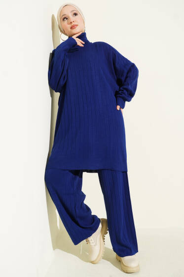 Çizgi Detaylı Boğazlı Oversize Triko İkili Takım Lacivert - İkili Takım