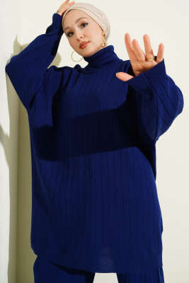 Çizgi Detaylı Boğazlı Oversize Triko İkili Takım Lacivert - İkili Takım